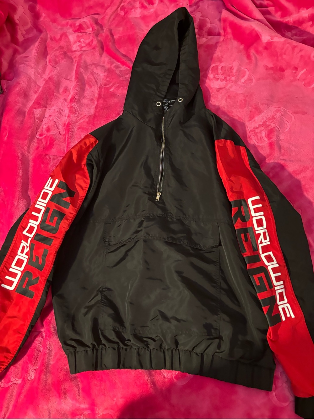 Forever 21 Worldwide Reign Black & Red Hooded Anorak Jacket